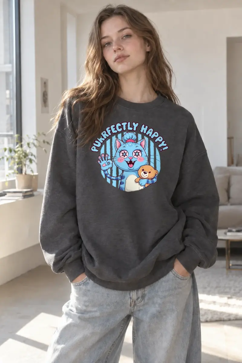 "Purrfectly Happy" Heavy Blend Unisex Crewneck Sweatshirt | Gildan 18000