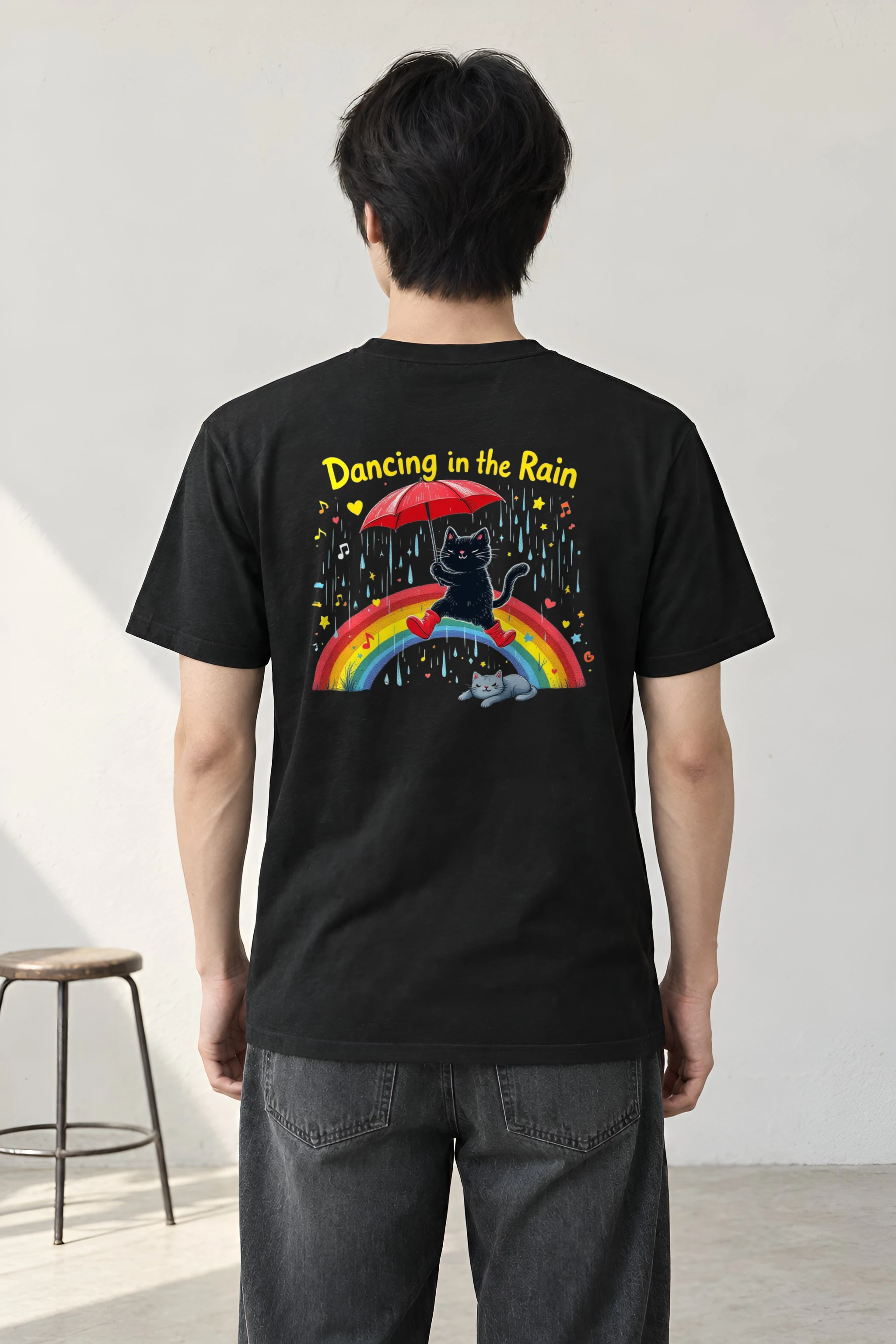 "Rainbow Umbrella Cat" Heavyweight Unisex Crewneck T-shirt