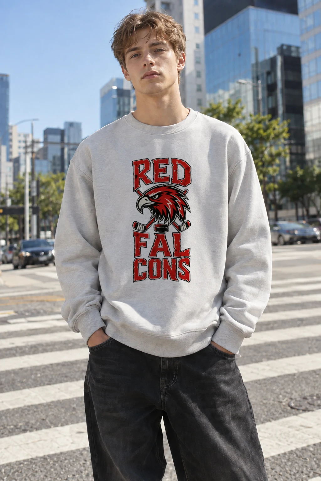"Red Falcons Hockey" Heavy Blend Unisex Crewneck Sweatshirt | Gildan 18000