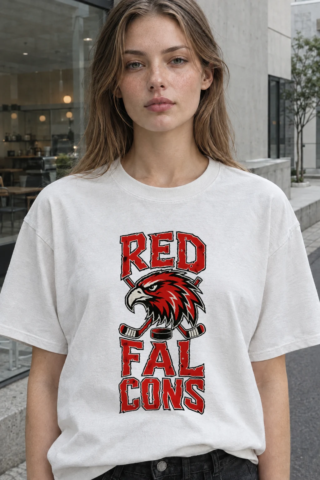 "Red Falcons Hockey" Heavyweight Unisex Crewneck T-shirt | Gildan 5000