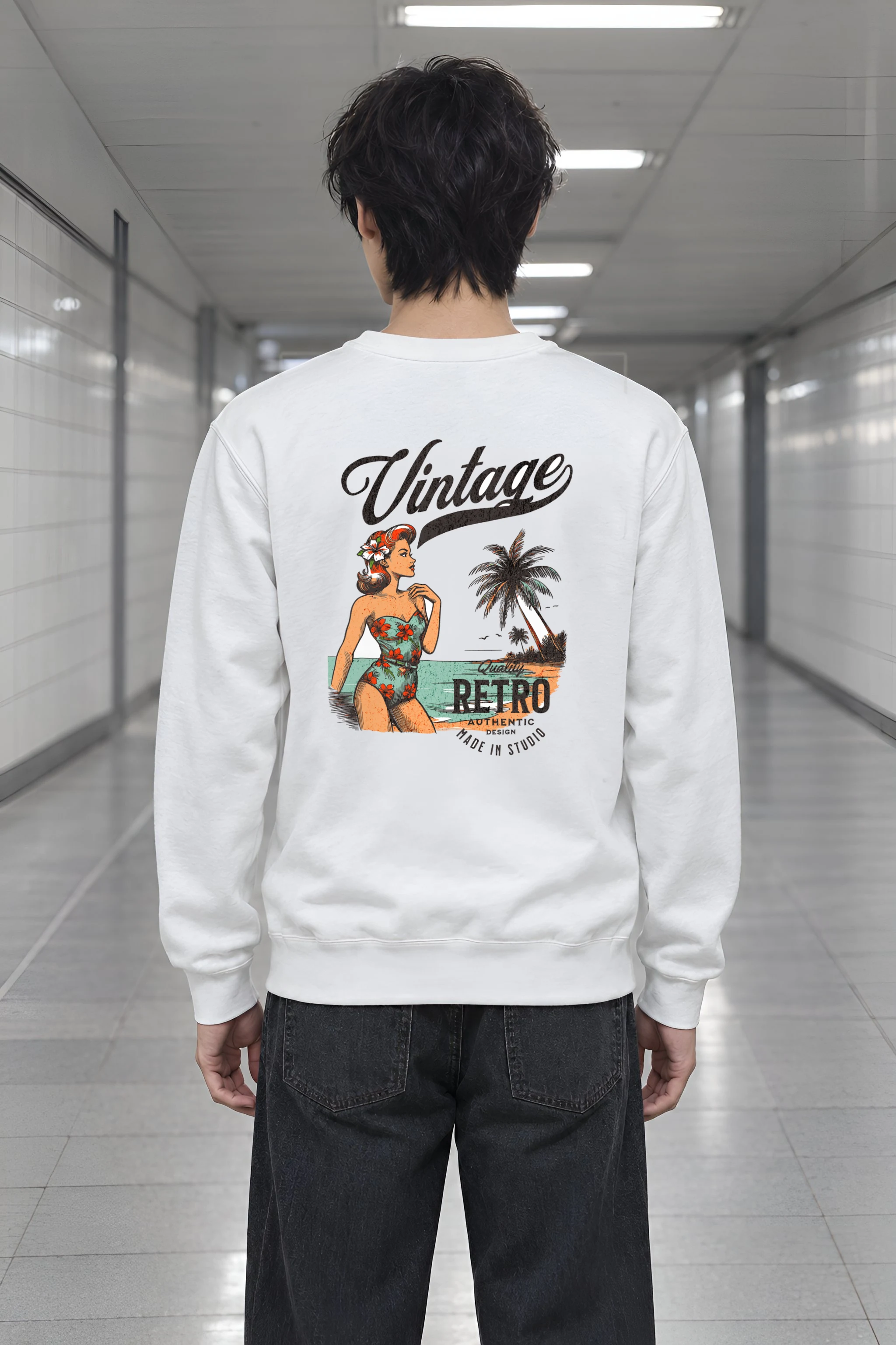 "Retro Beach Pinup" Heavy Blend Unisex Crewneck Sweatshirt