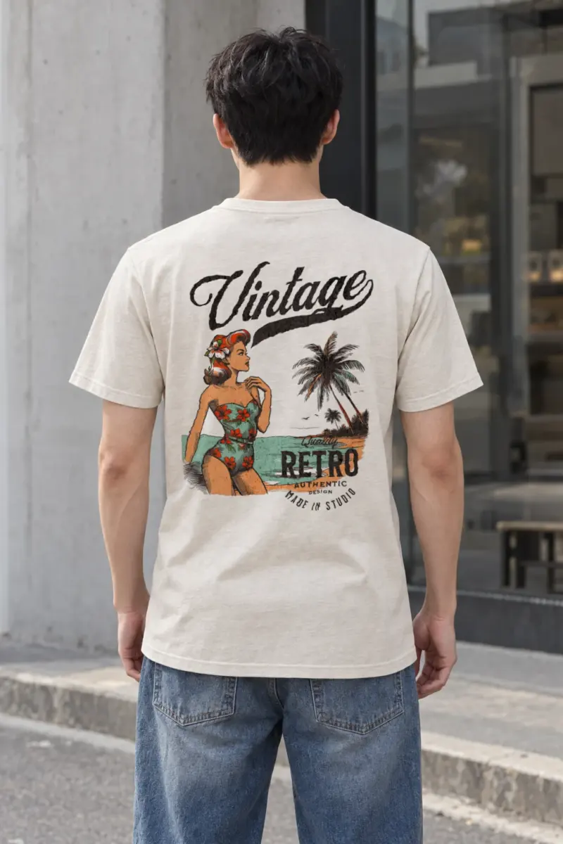 "Retro Beach Pinup" Heavyweight Unisex Crewneck T-shirt