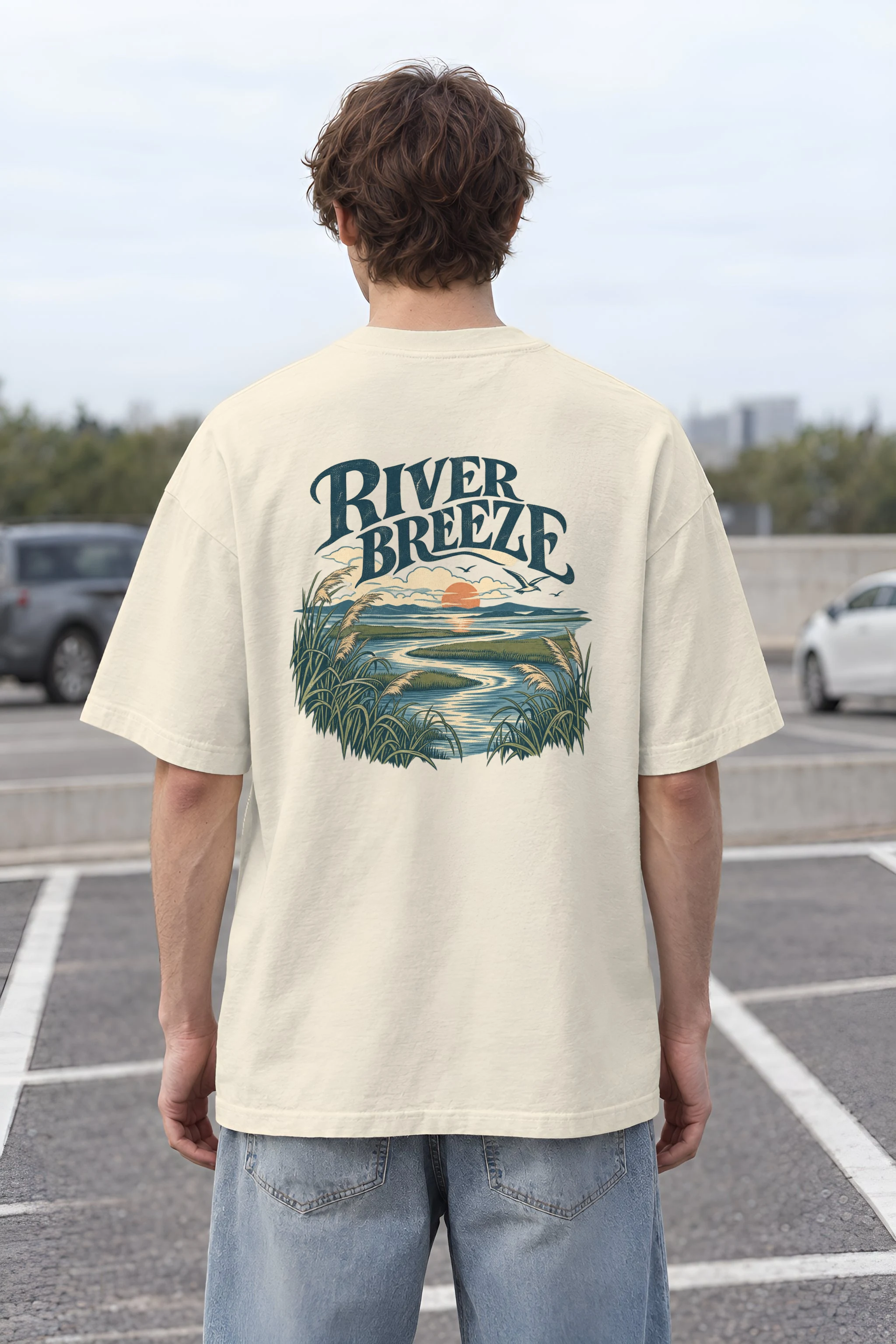 "River Breeze" Men's Oversized Heavyweight Crewneck T-Shirt
