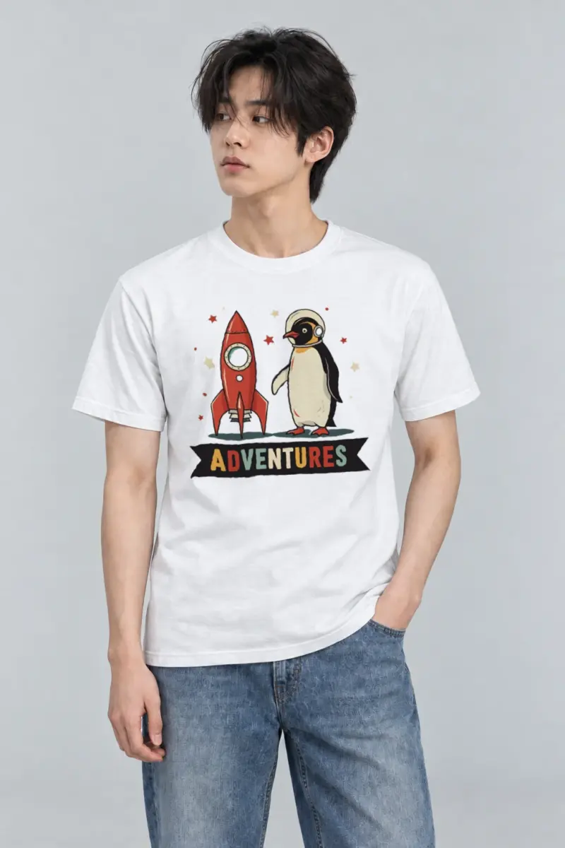 "Rocket Penguin Adventures" Heavyweight Unisex Crewneck T-shirt | Gildan 5000