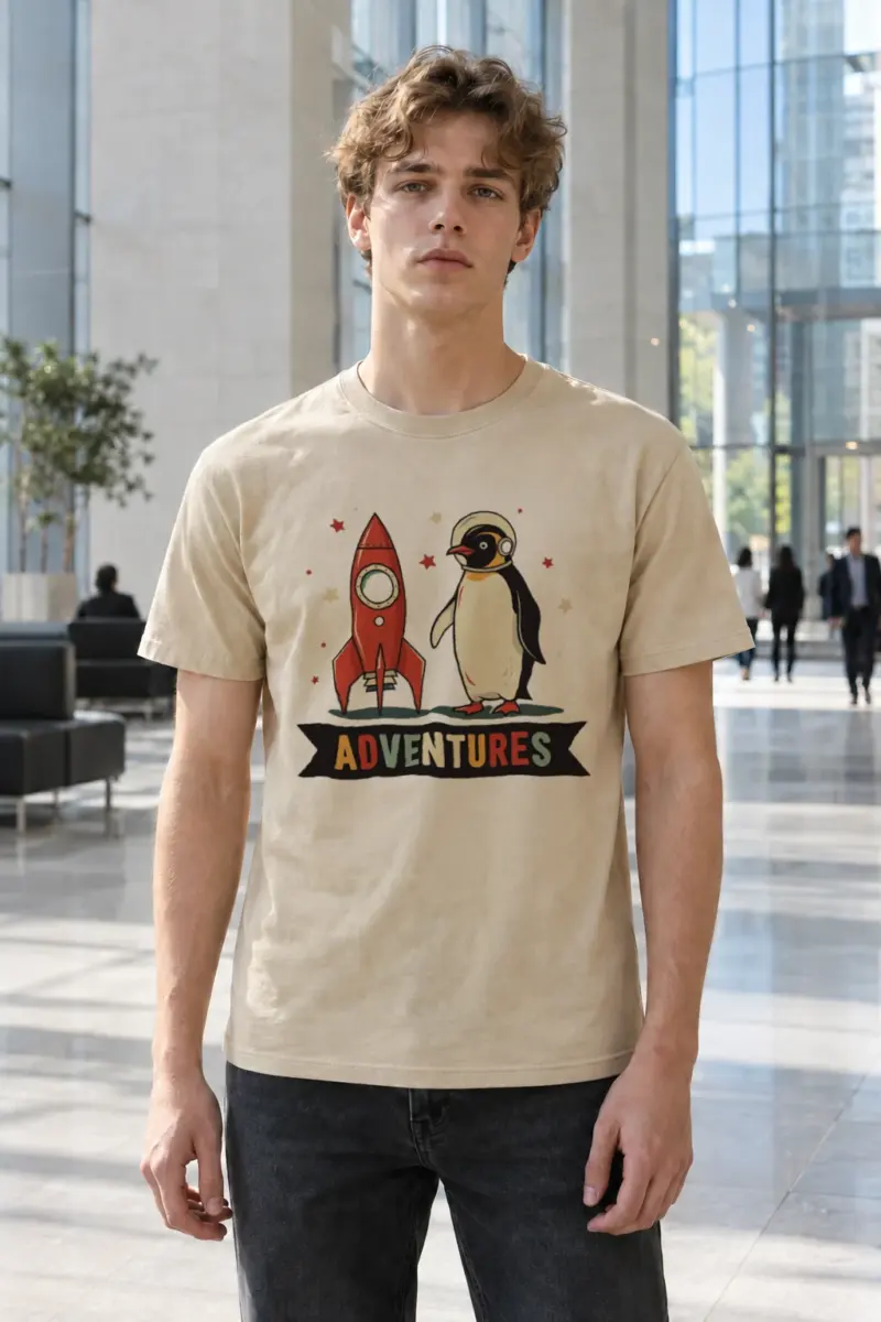 "Rocket Penguin Adventures" Heavyweight Unisex Crewneck T-shirt | Gildan 5000
