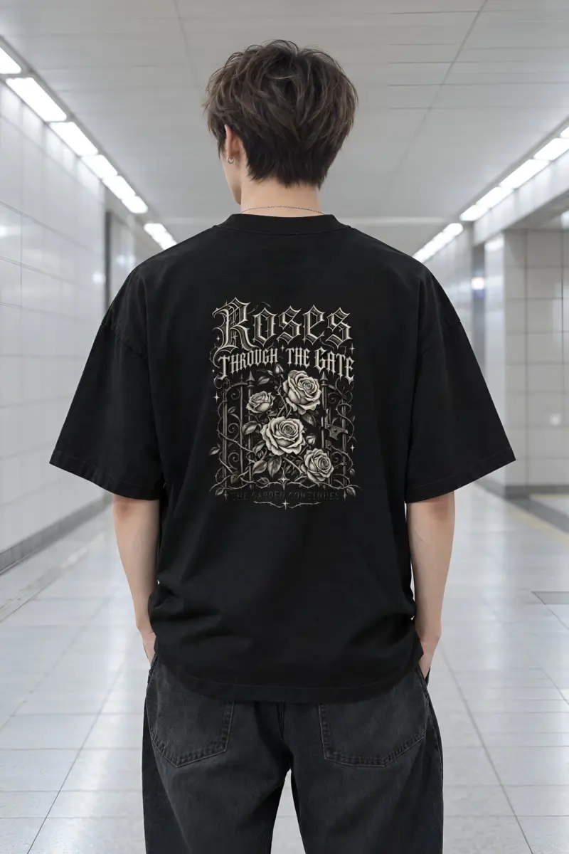 "Roses Through the Gate" Men's Oversized Heavyweight Crewneck T-Shirt