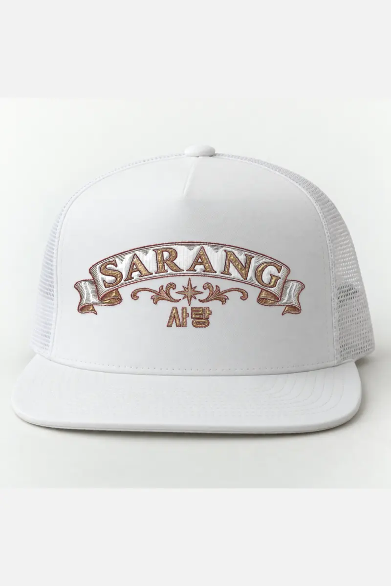 "Sarang Star Banner" 5 Panel Trucker Cap · Embroidered — white/cap-front