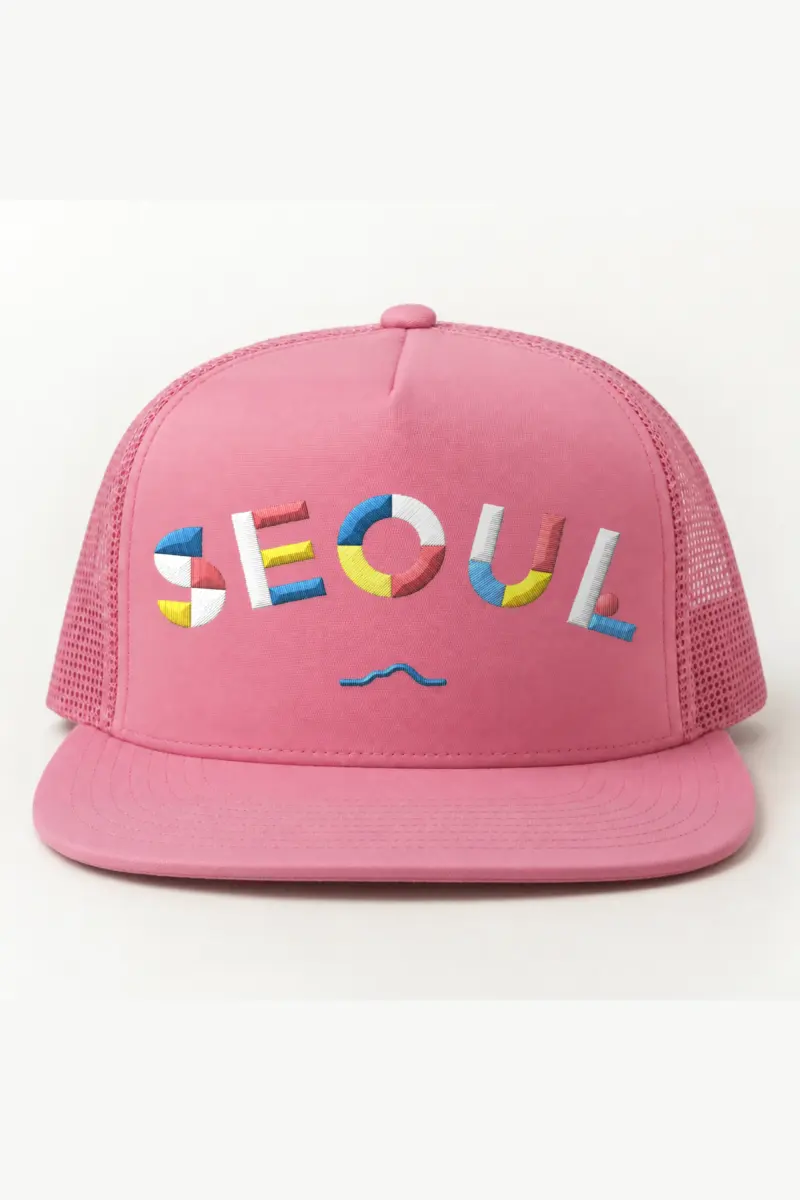 "Seoul Contour" 5 Panel Trucker Cap · Embroidered — pink/cap-front