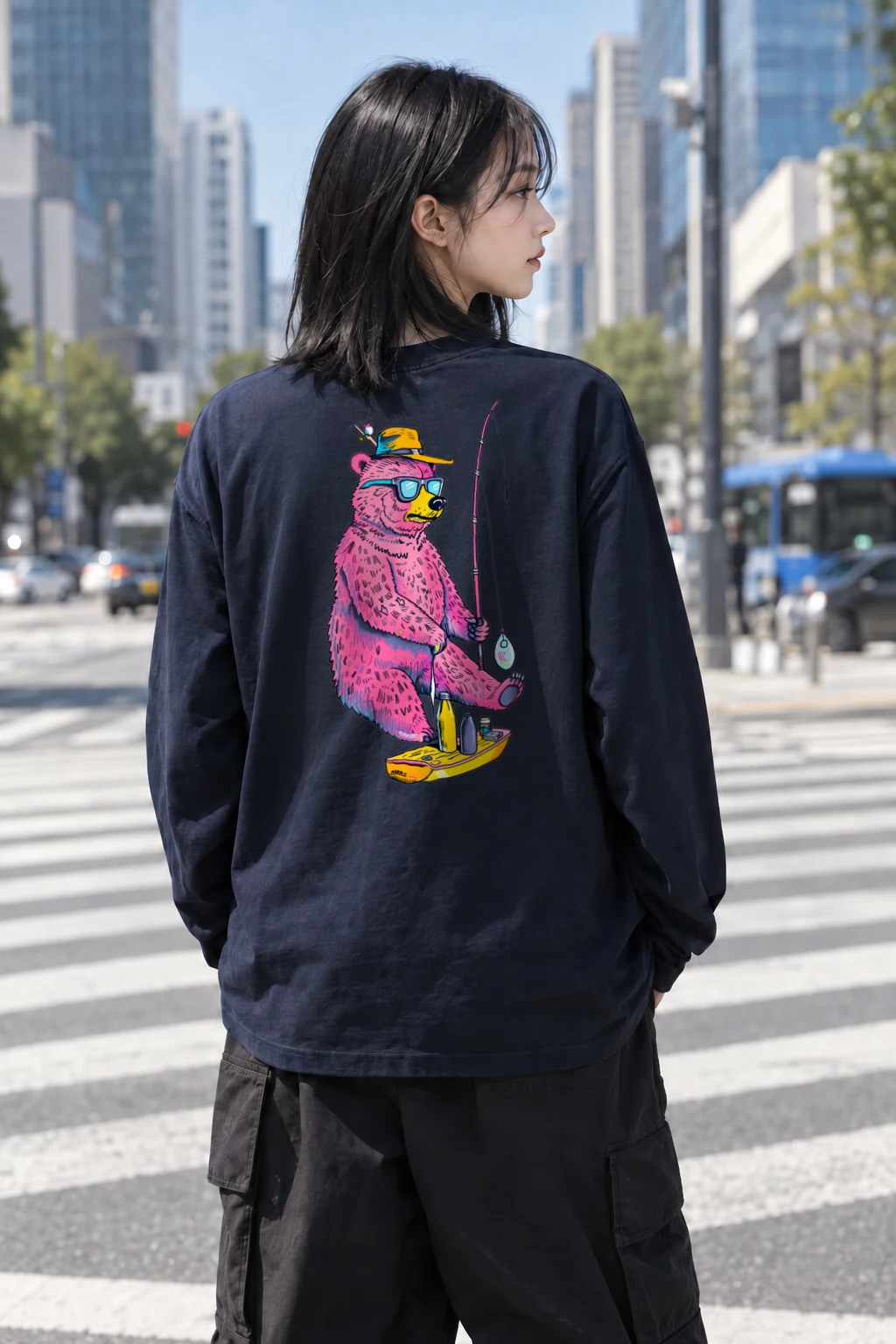 "Skateboard Fishing Bear" Unisex Longsleeve T-shirt | Gildan 2400