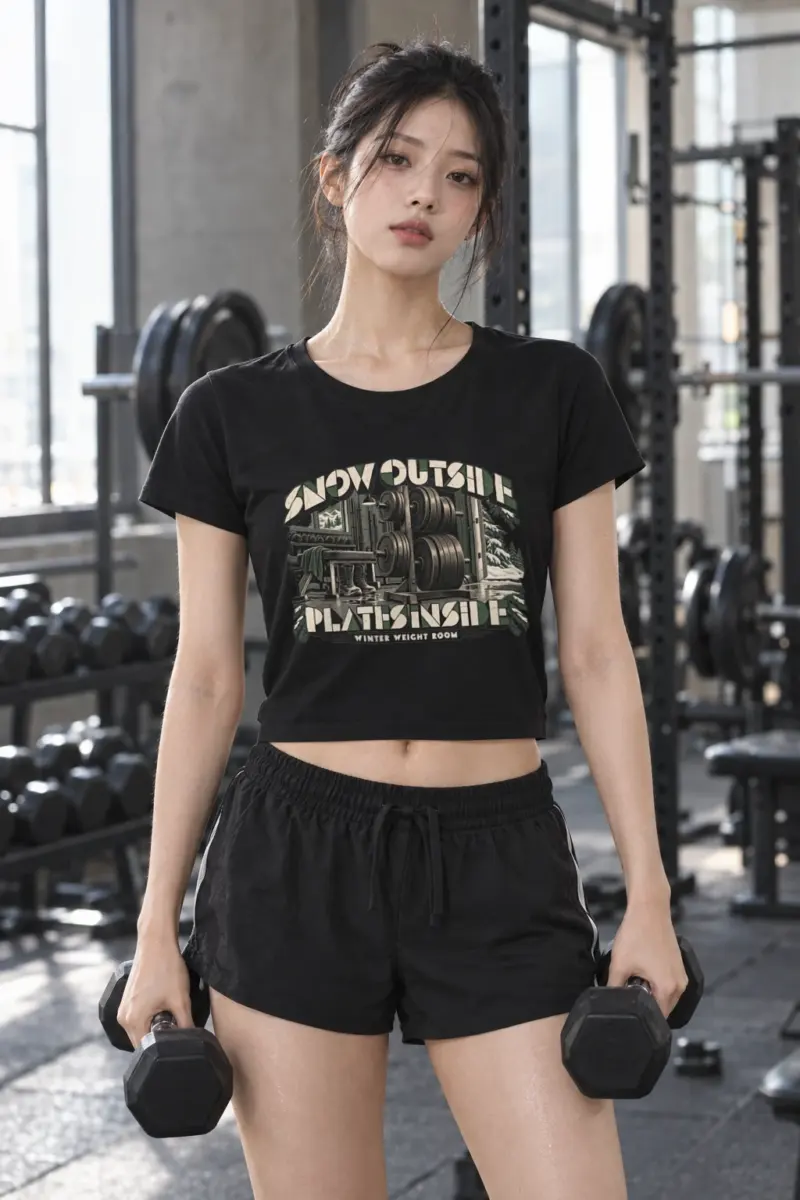 “Snow Outside Plates Inside Winter Weight Room” Women’s Crop Tee
