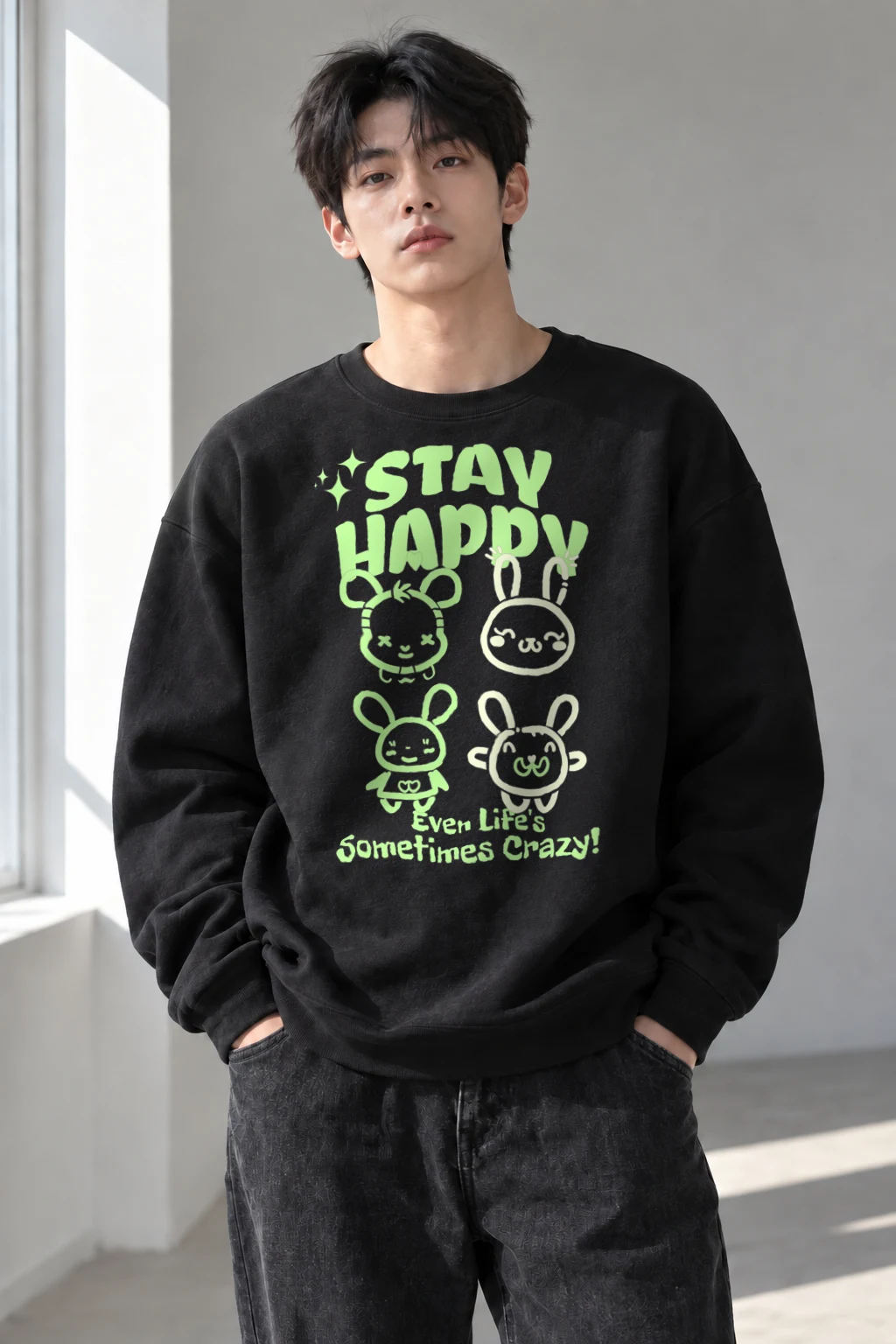 "Stay Happy Bunnies" Heavy Blend Unisex Crewneck Sweatshirt | Gildan 18000