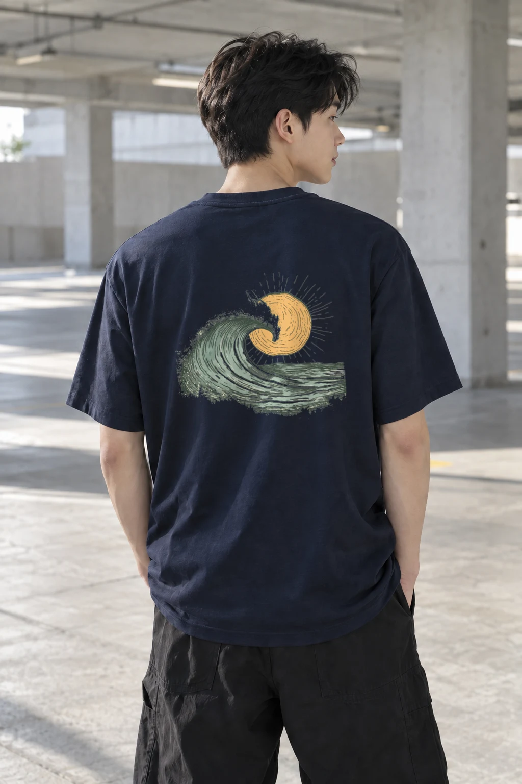 "Sunset Wave Linework" Heavyweight Unisex Crewneck T-shirt | Gildan 5000