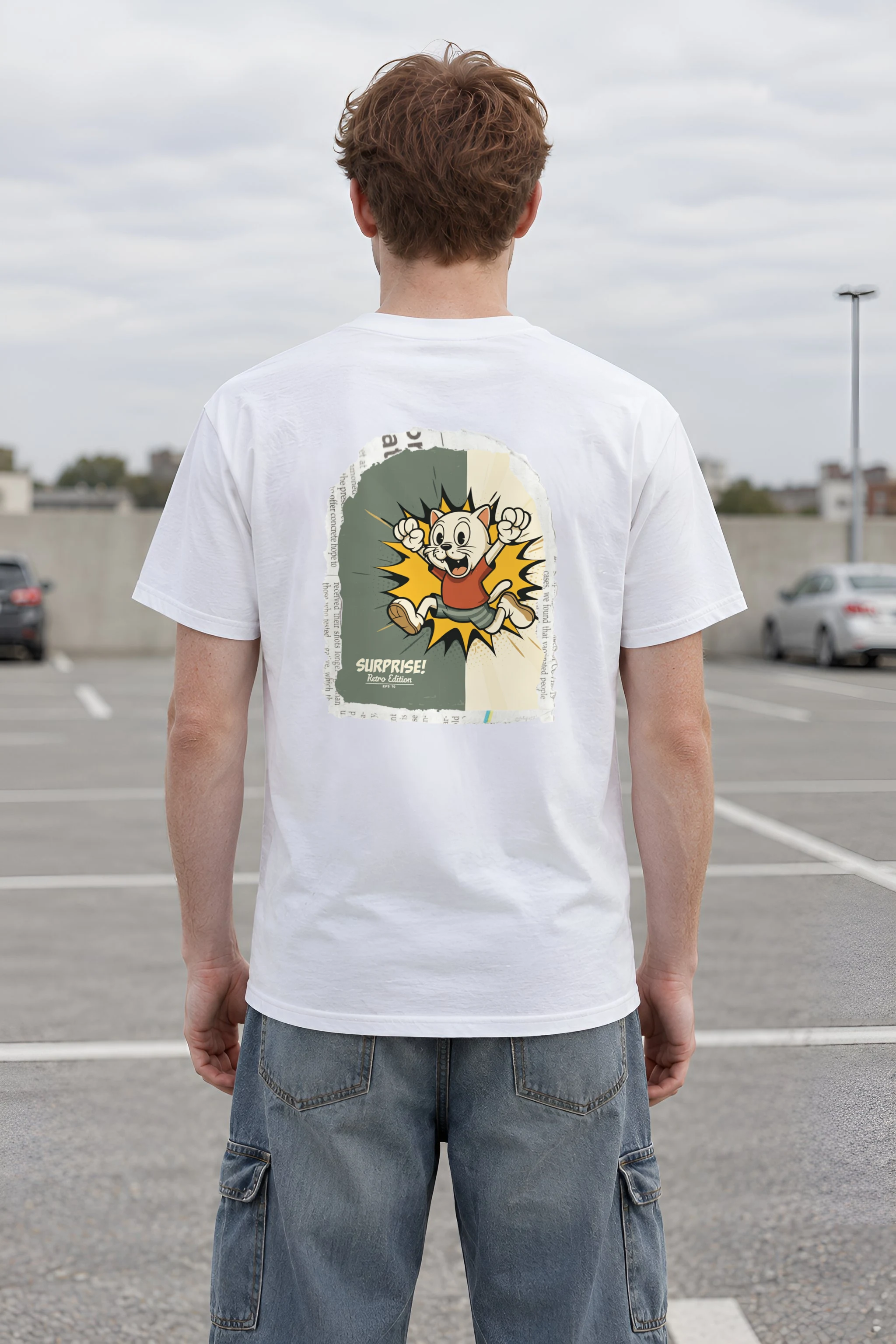 "Surprise Retro Cat" Heavyweight Unisex Crewneck T-shirt