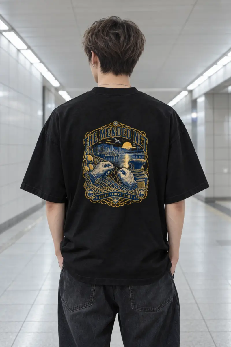 "The Mended Net Busan First Light" Men's Oversized Heavyweight Crewneck T-Shirt