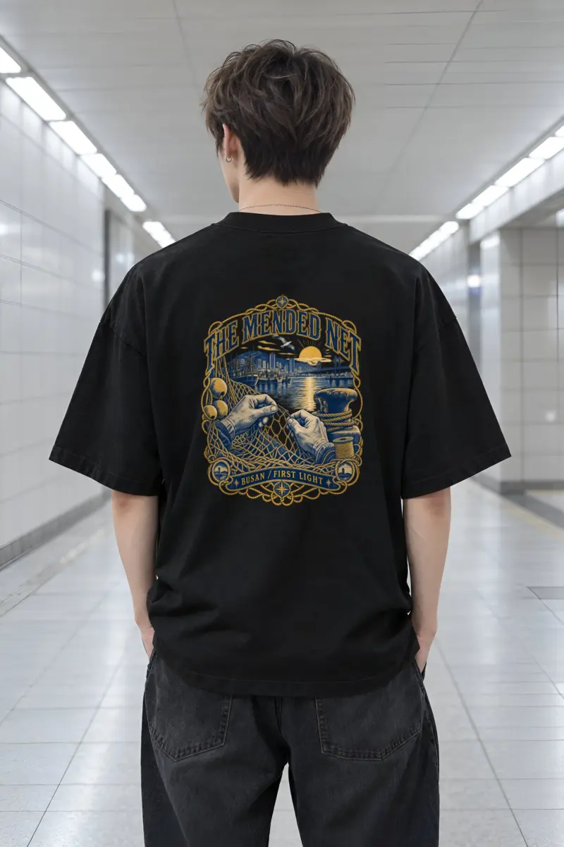 "The Mended Net Busan First Light" Men's Oversized Heavyweight Crewneck T-Shirt