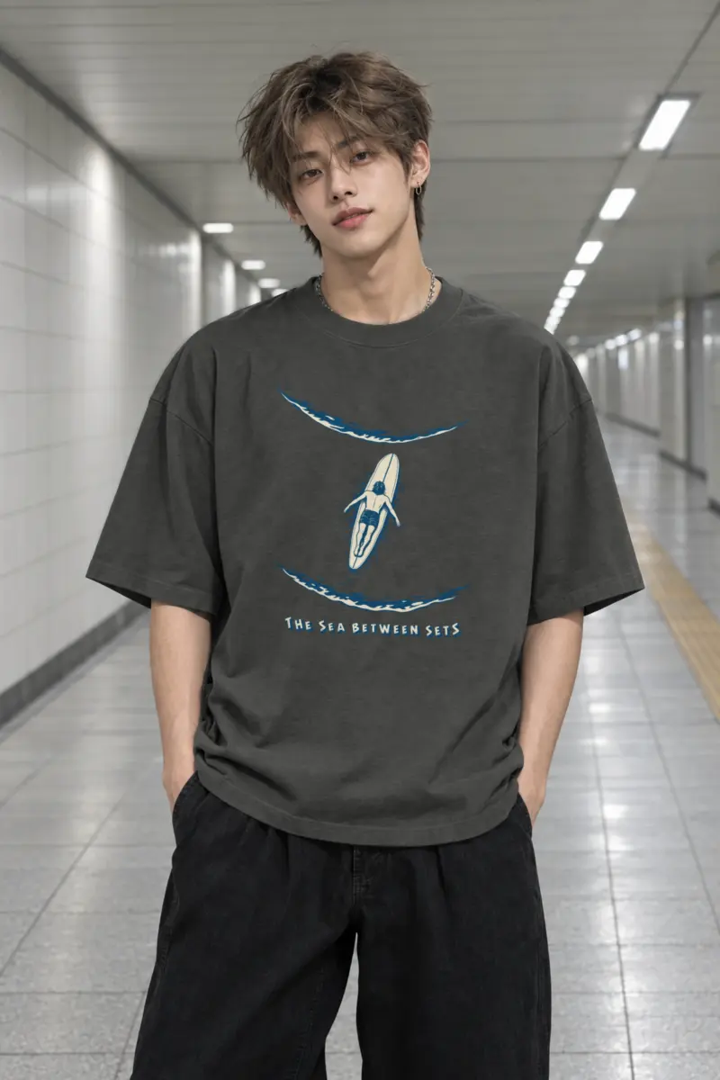"The Sea Between Sets" Men's Oversized Heavyweight Crewneck T-Shirt