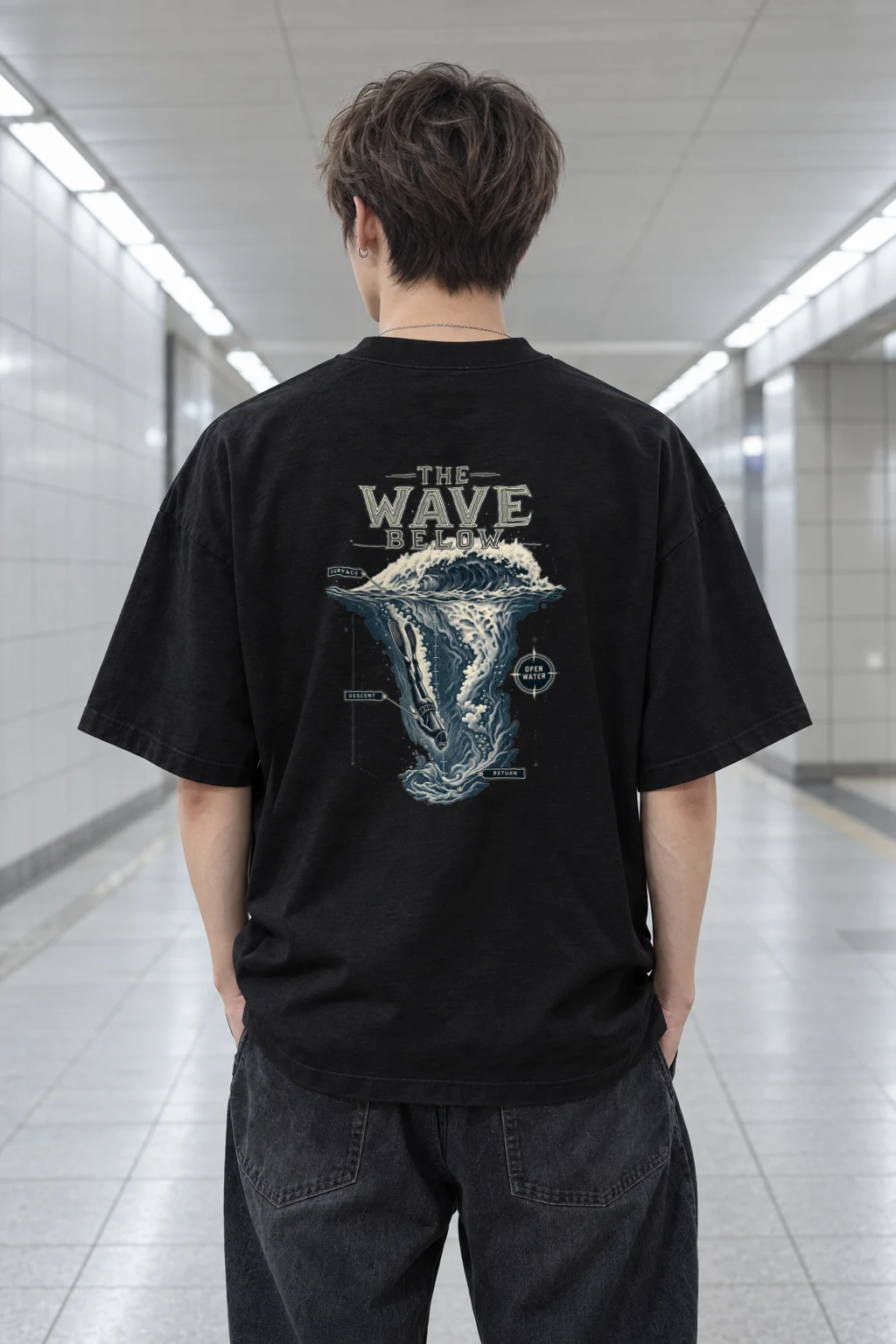 "The Wave Below" Men's Oversized Heavyweight Crewneck T-Shirt