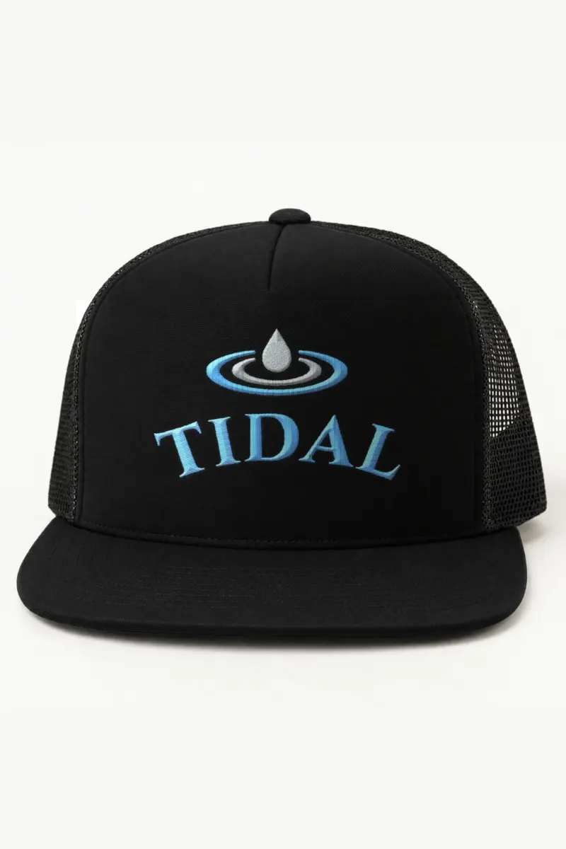 "Tidal Hours" 5 Panel Trucker Cap · Embroidered — black/cap-front