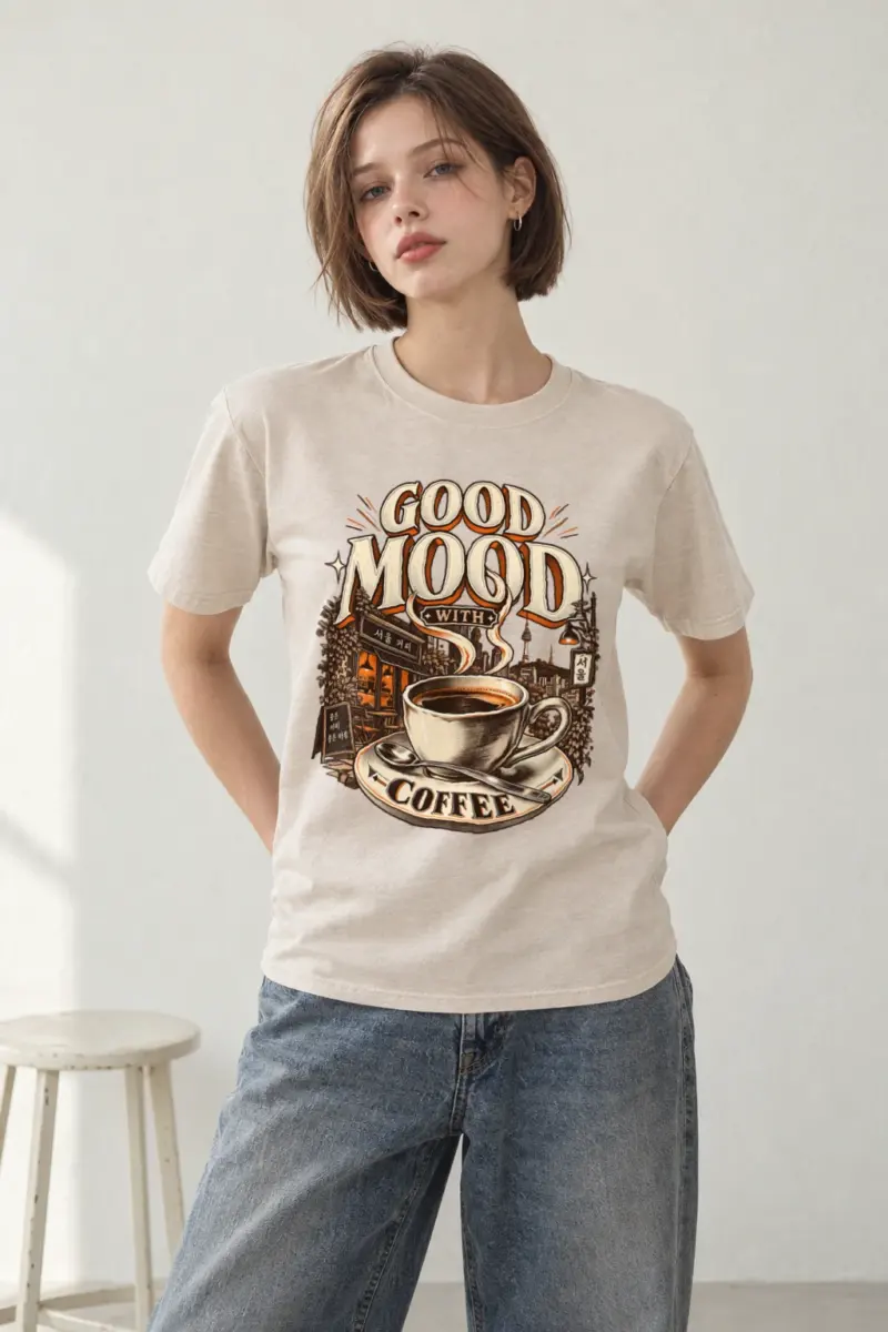 "Good Mood With Coffee" Heavyweight Unisex Crewneck T-shirt
