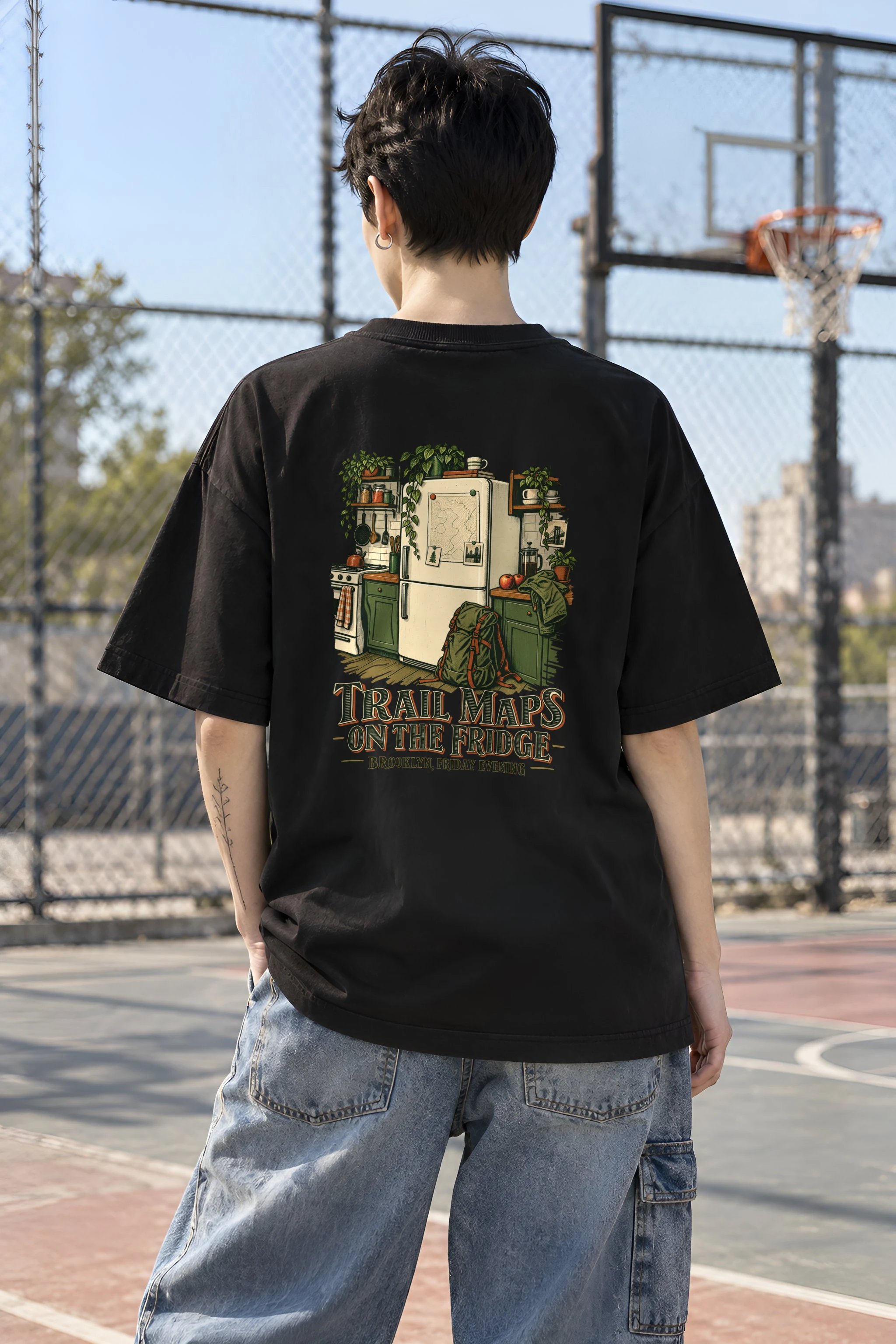 "Trail Maps on the Fridge" Unisex Oversized Heavyweight Crewneck T-Shirt