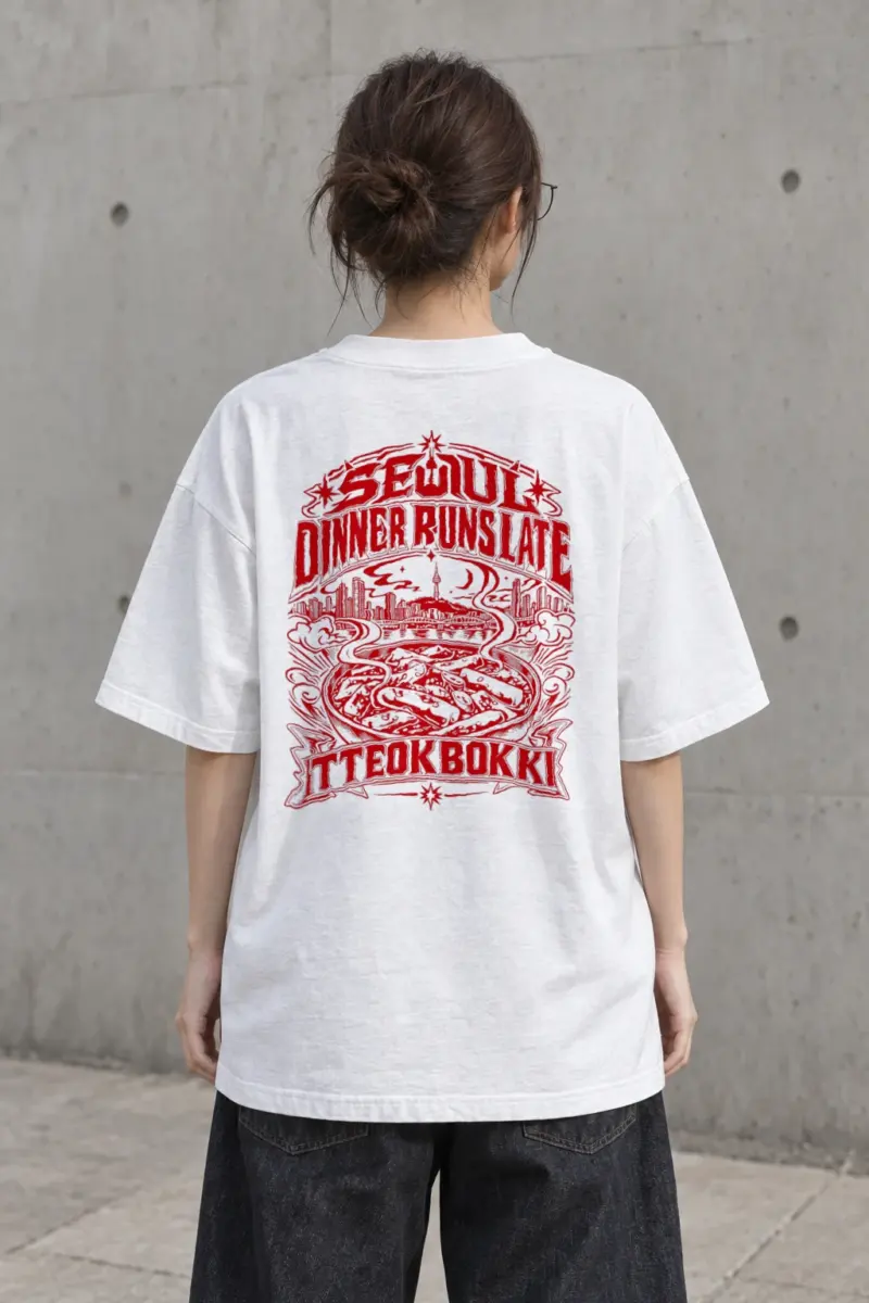"Seoul Dinner Runs Late" Men's Oversized Heavyweight Crewneck T-Shirt