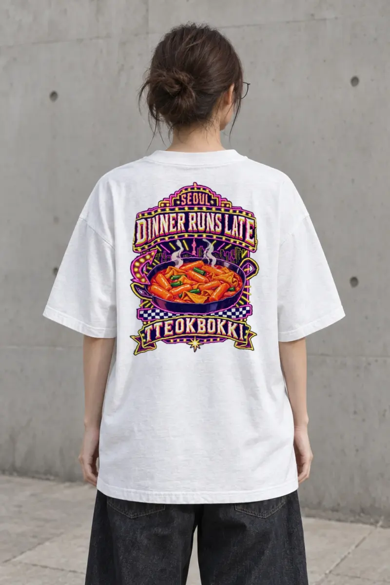 "Tteokbokki City Skyline" Men's Oversized Heavyweight Crewneck T-Shirt | Shaka Wear SHMHSS