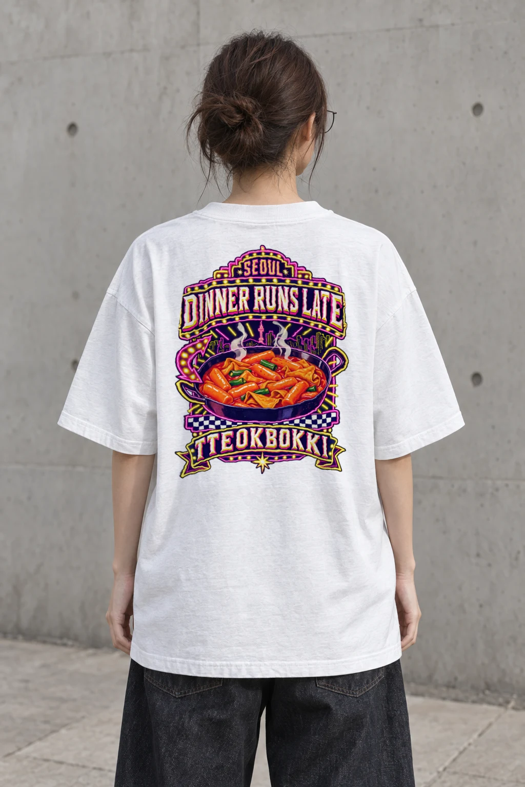 "Tteokbokki City Skyline" Men's Oversized Heavyweight Crewneck T-Shirt | Shaka Wear SHMHSS