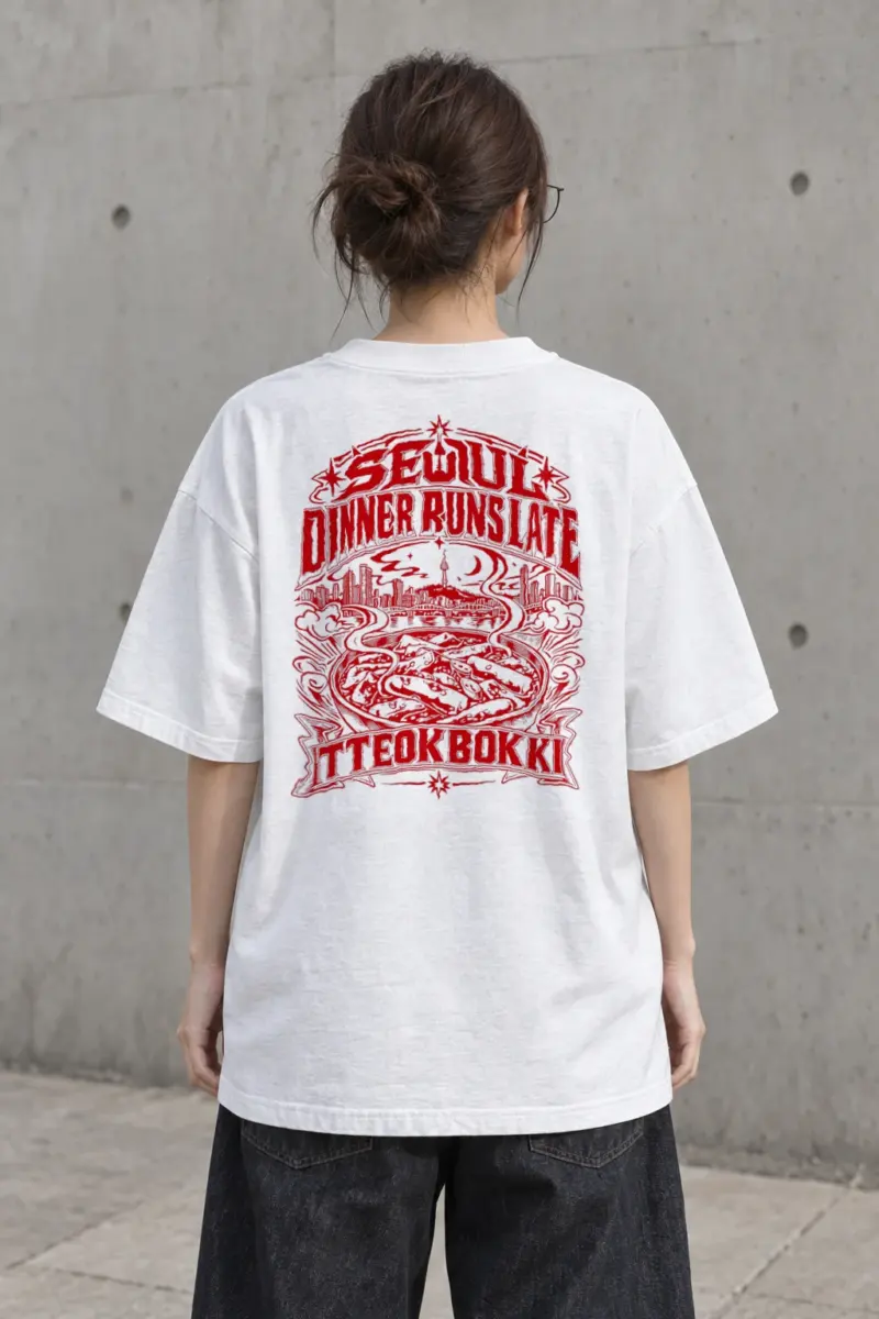 "Seoul Dinner Runs Late" Men's Oversized Heavyweight Crewneck T-Shirt