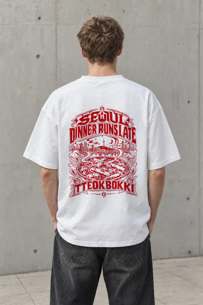 "Seoul Dinner Runs Late" Men's Oversized Heavyweight Crewneck T-Shirt