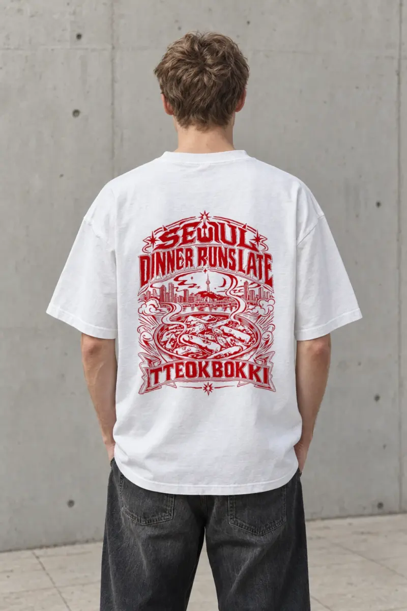 "Seoul Dinner Runs Late" Men's Oversized Heavyweight Crewneck T-Shirt