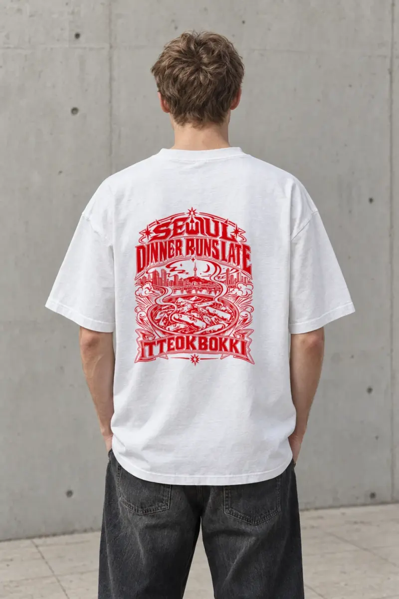 "Seoul Dinner Runs Late" Men's Oversized Heavyweight Crewneck T-Shirt