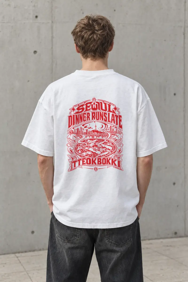 "Seoul Dinner Runs Late" Men's Oversized Heavyweight Crewneck T-Shirt