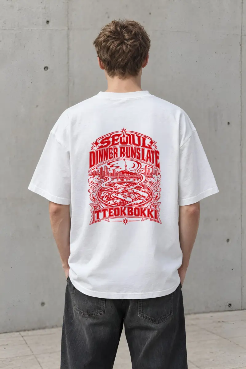 "Seoul Dinner Runs Late" Men's Oversized Heavyweight Crewneck T-Shirt