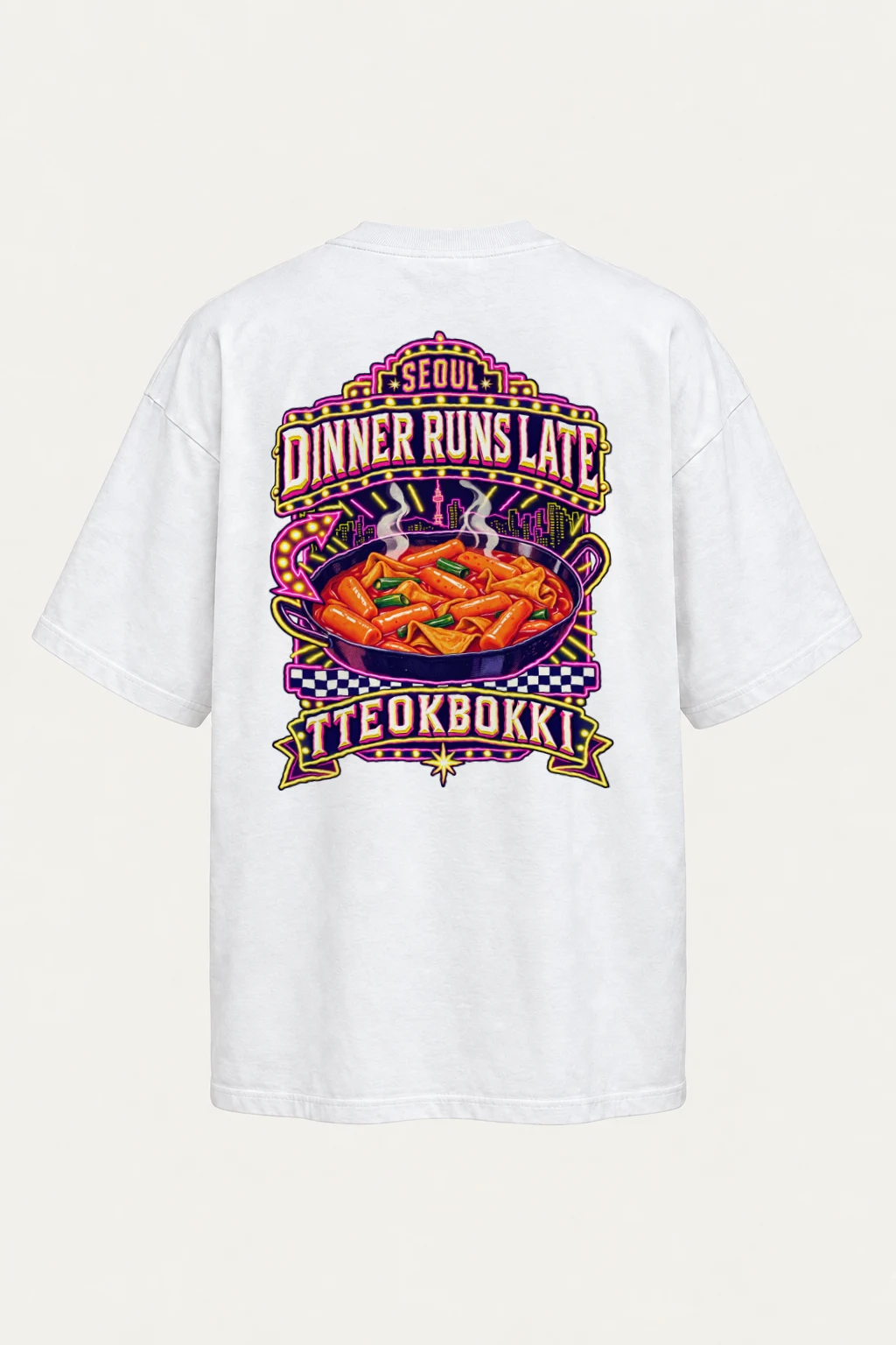 "Tteokbokki City Skyline" Men's Oversized Heavyweight Crewneck T-Shirt | Shaka Wear SHMHSS