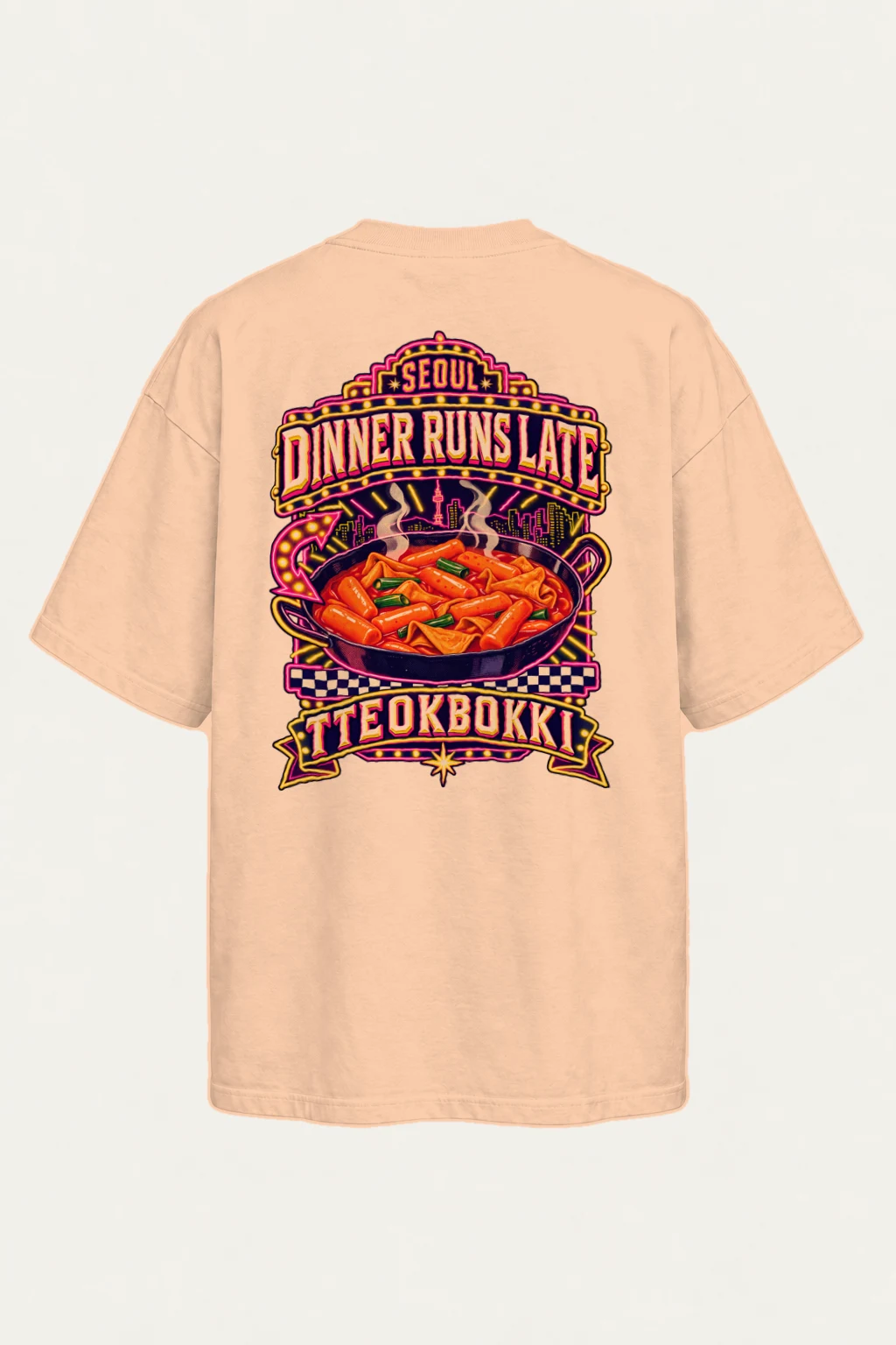 "Tteokbokki City Skyline" Men's Oversized Heavyweight Crewneck T-Shirt | Shaka Wear SHMHSS