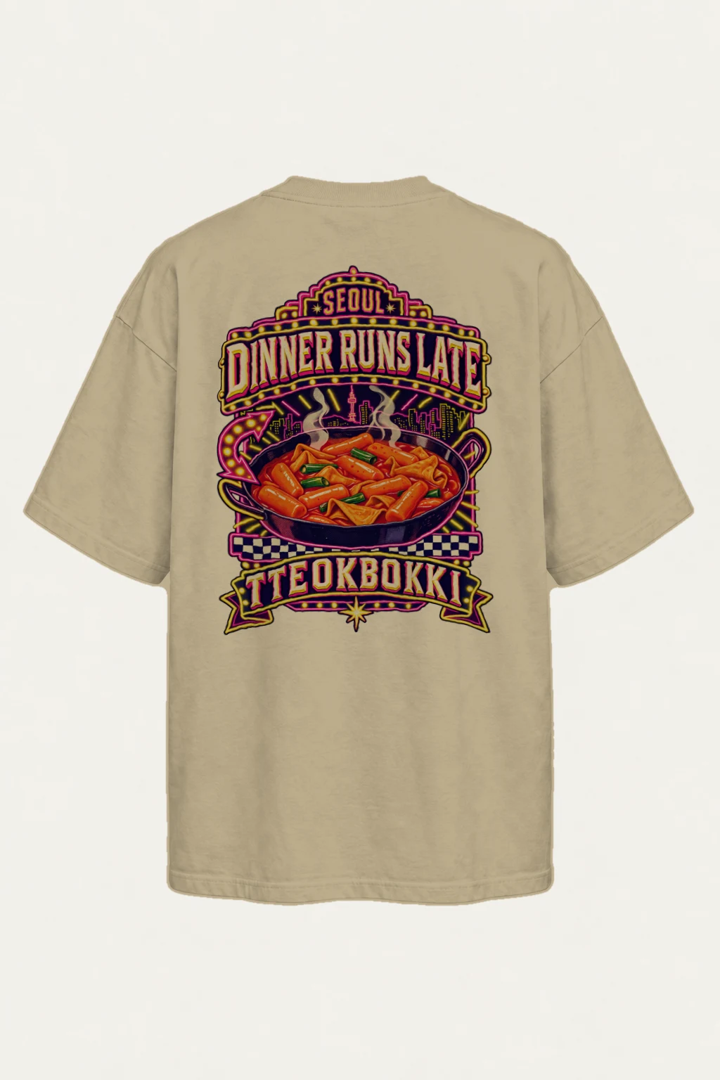 "Tteokbokki City Skyline" Men's Oversized Heavyweight Crewneck T-Shirt | Shaka Wear SHMHSS