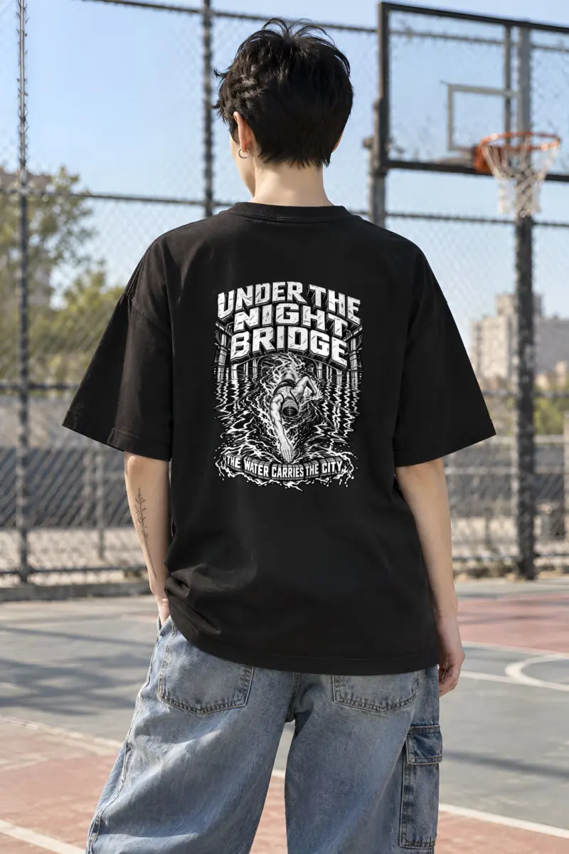 "Under the Night Bridge" Unisex Oversized Heavyweight Crewneck T-Shirt