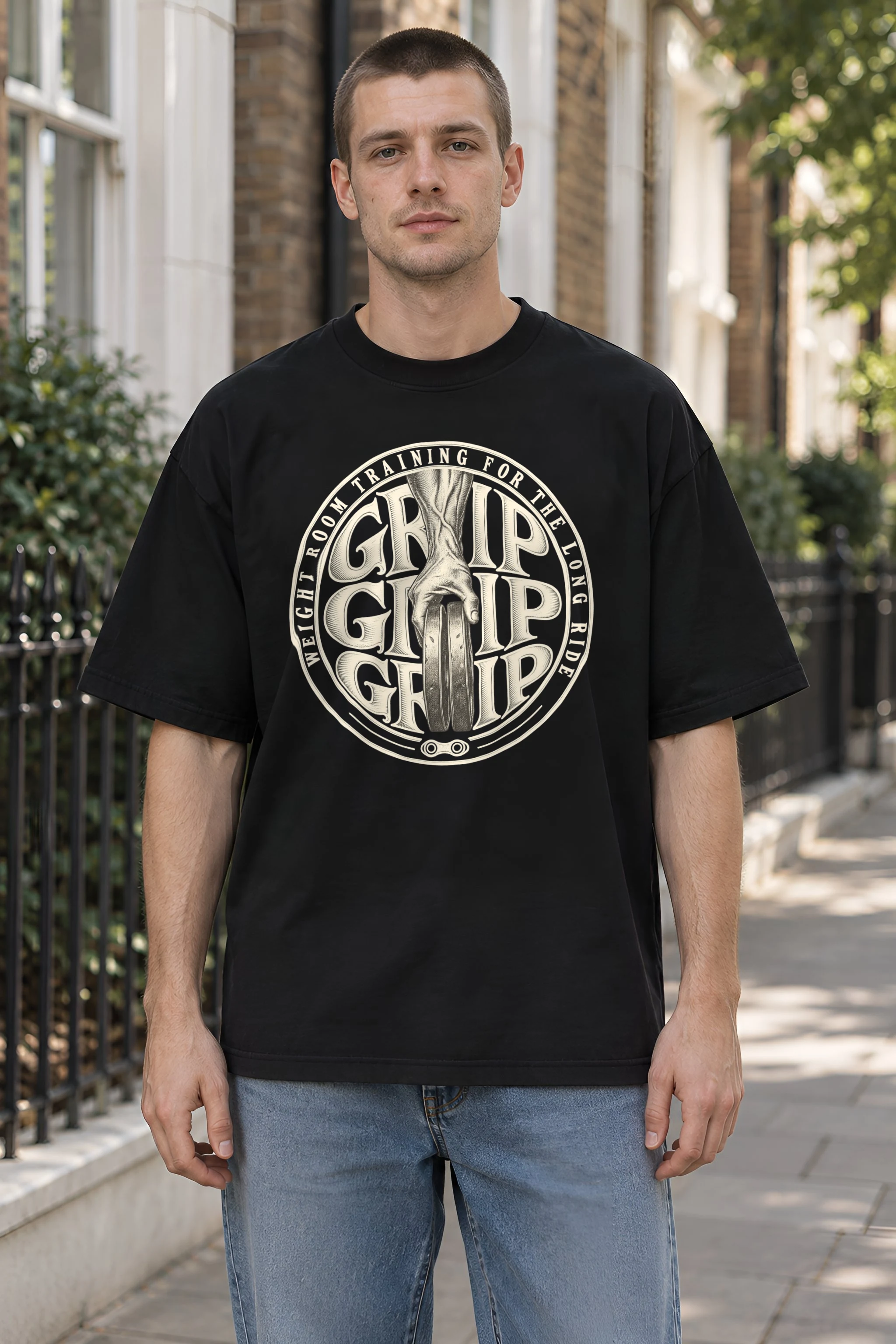 "Weight Room Training for the Long Ride" Men's Oversized Heavyweight Crewneck T-Shirt
