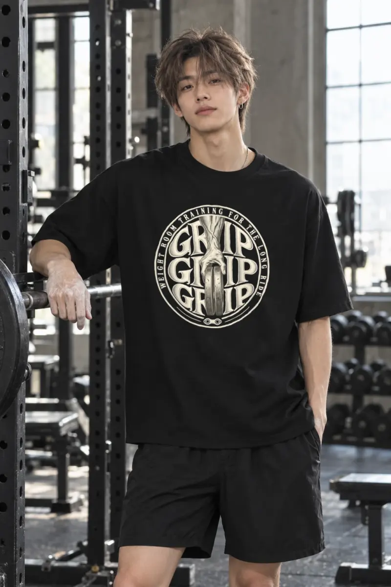 “Weight Room Training for the Long Ride” Men’s Oversized Heavyweight Crewneck T-Shirt