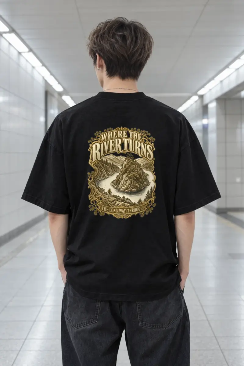 "WHERE THE RIVER TURNS" Men's Oversized Heavyweight Crewneck T-Shirt