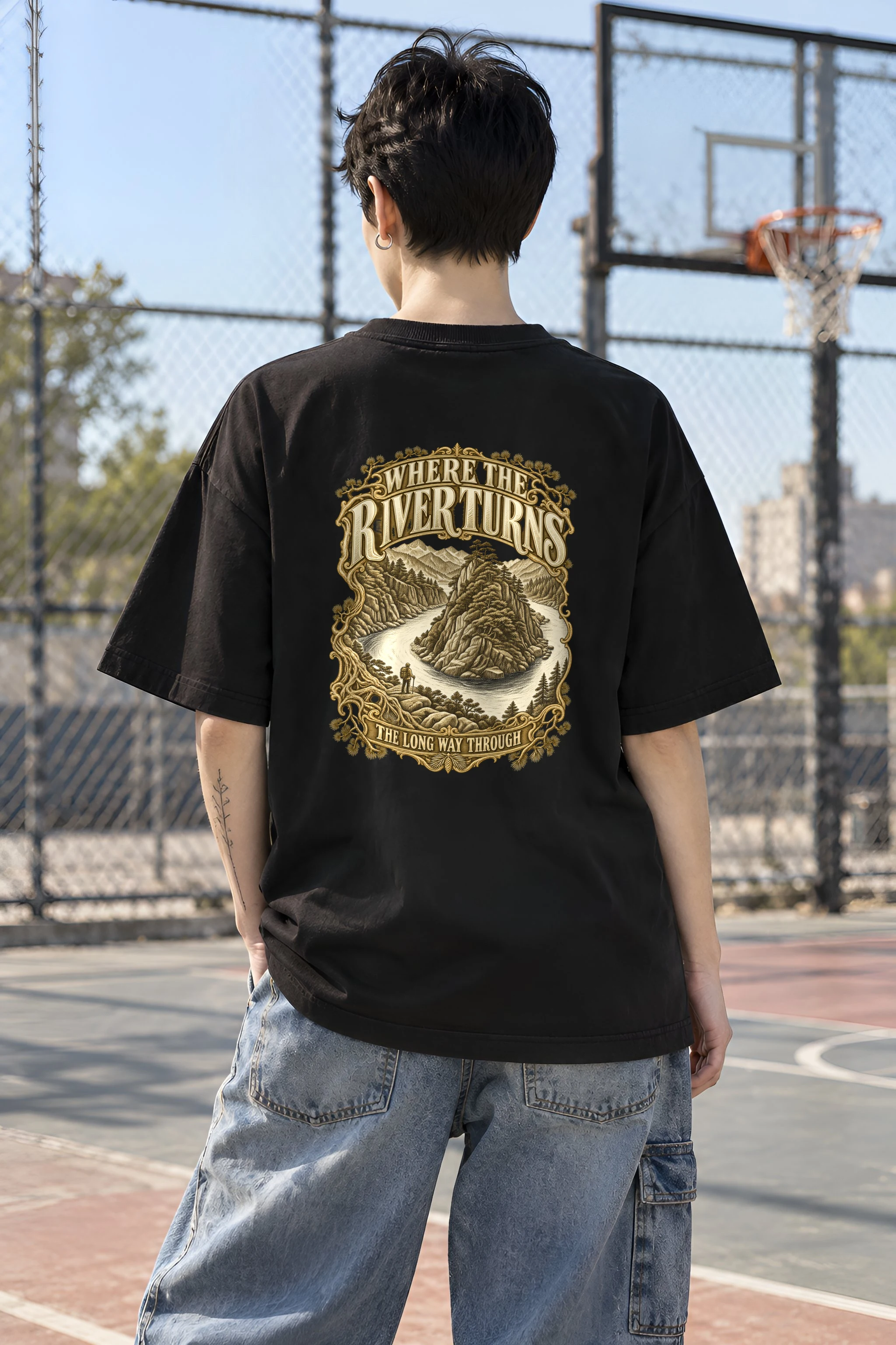 "WHERE THE RIVER TURNS" Unisex Oversized Heavyweight Crewneck T-Shirt