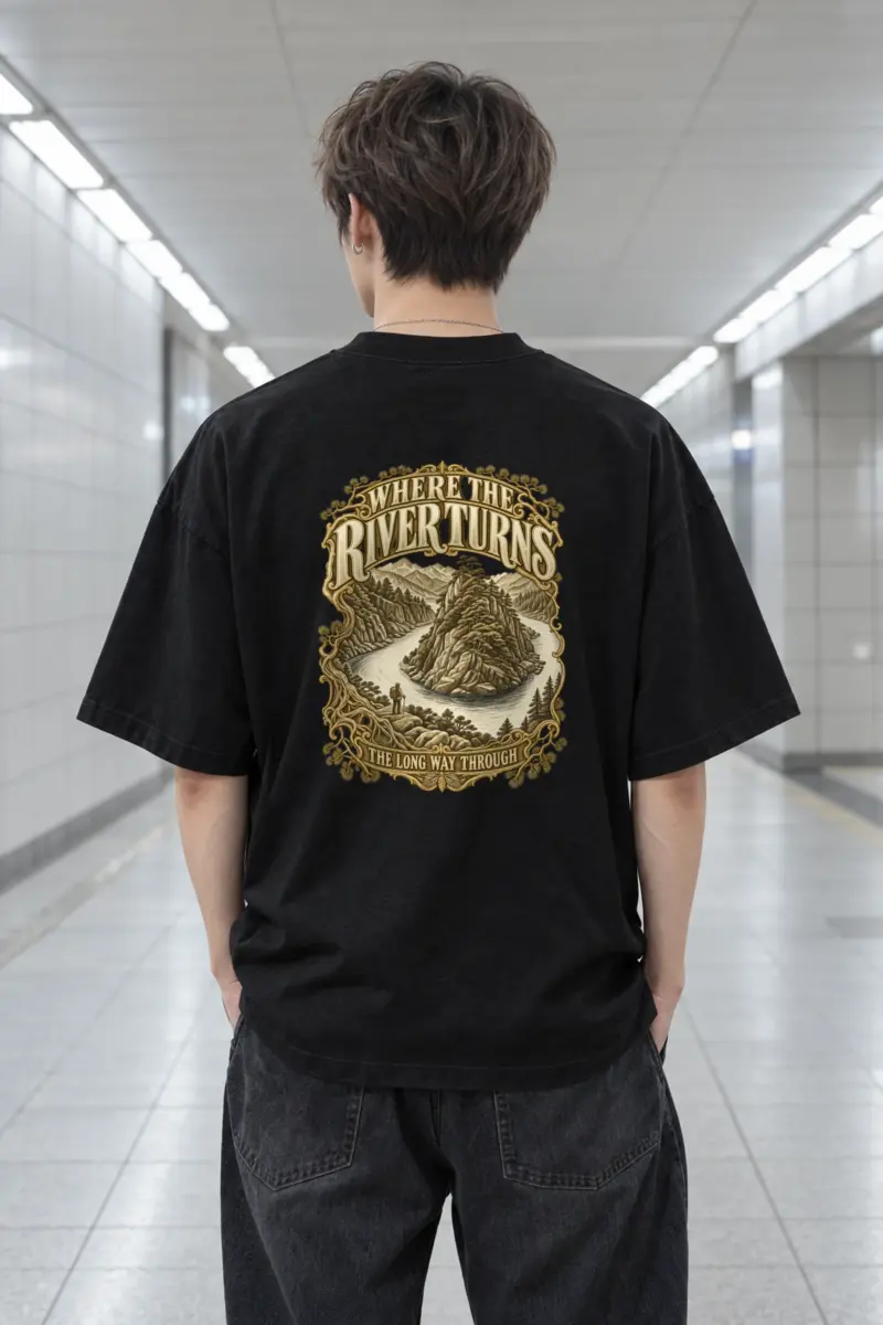 "WHERE THE RIVER TURNS" Men's Oversized Heavyweight Crewneck T-Shirt
