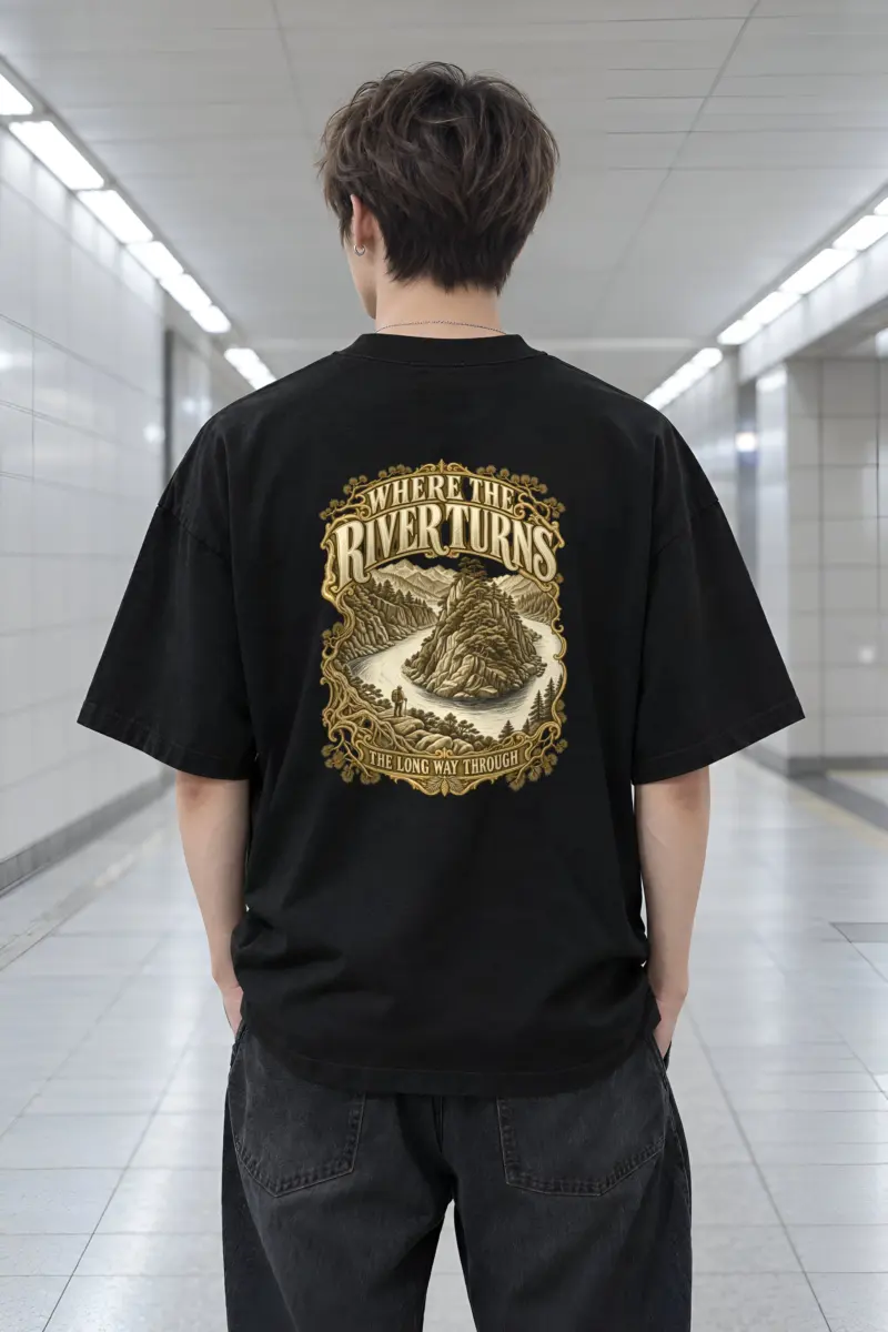 "WHERE THE RIVER TURNS" Men's Oversized Heavyweight Crewneck T-Shirt