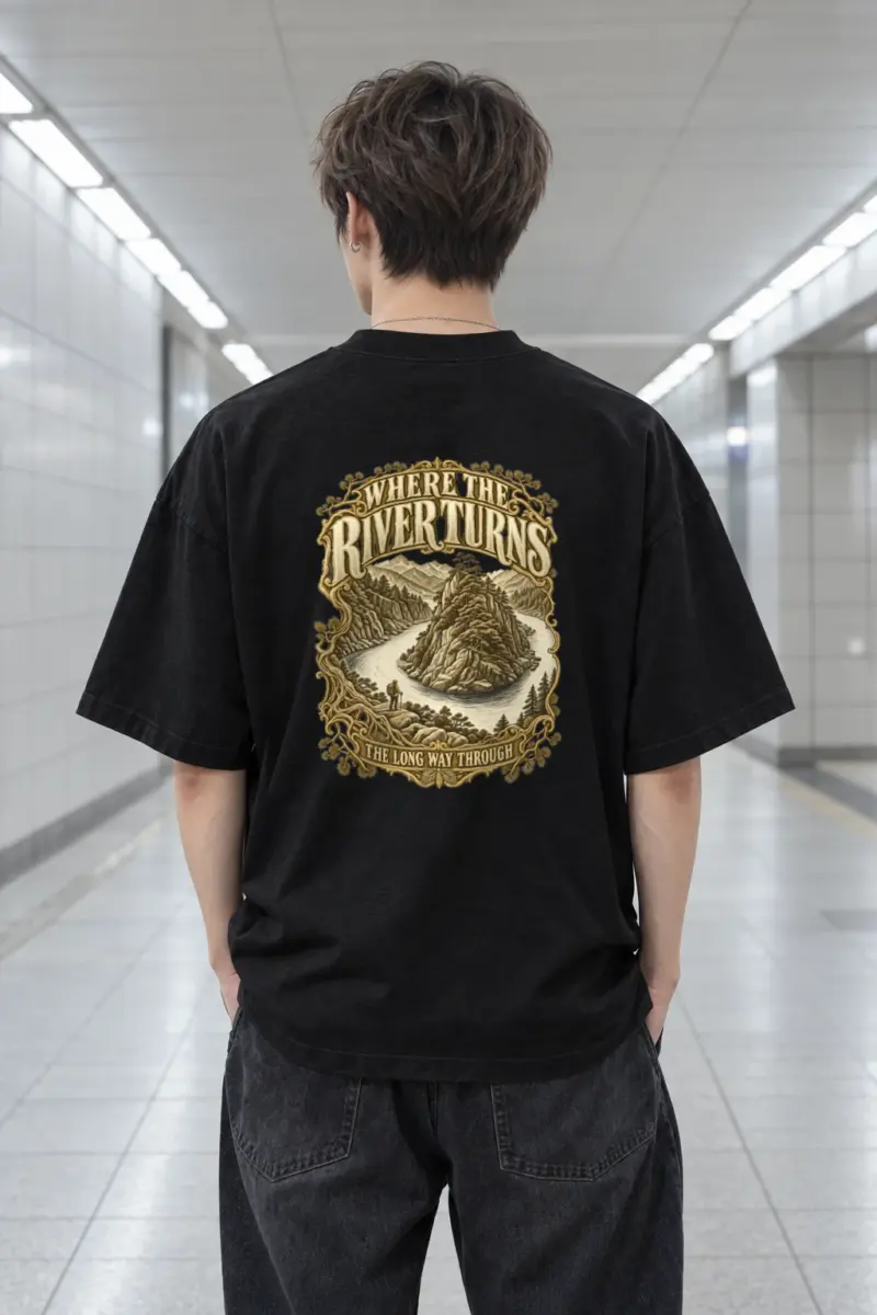 “WHERE THE RIVER TURNS” Men’s Oversized Heavyweight Crewneck T-Shirt