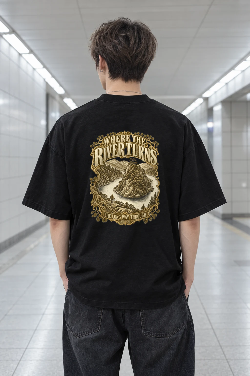"WHERE THE RIVER TURNS" Men's Oversized Heavyweight Crewneck T-Shirt