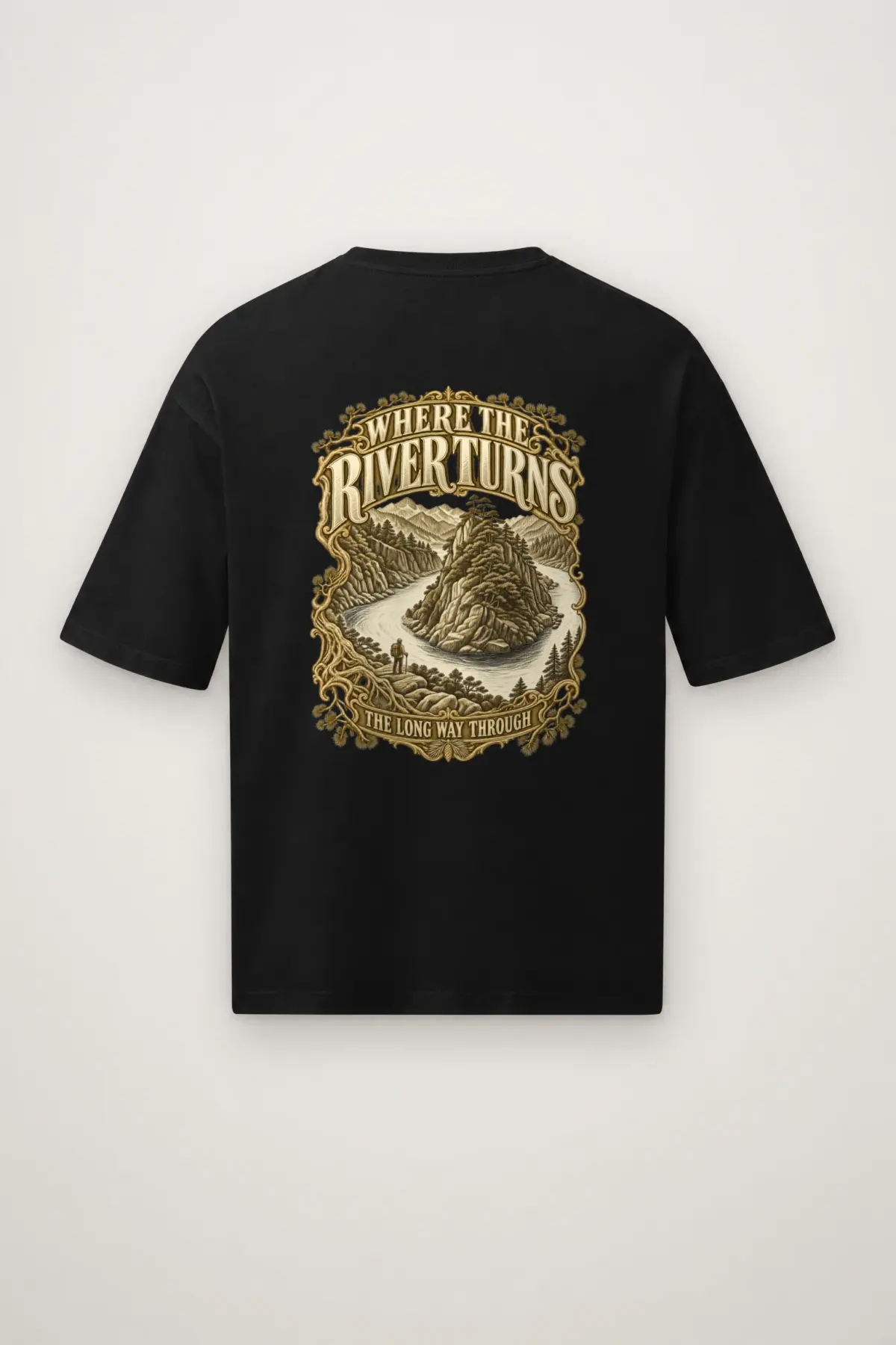 "WHERE THE RIVER TURNS" Men's Oversized Heavyweight Crewneck T-Shirt