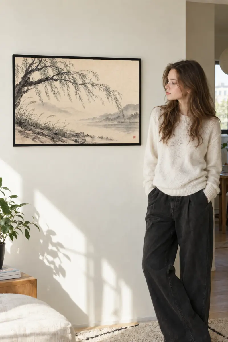 “Willow and Riverbank” Premium Wooden Framed Poster · Landscape