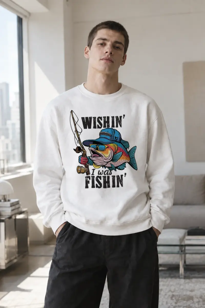 "Wishin’ I Was Fishin’" Heavy Blend Unisex Crewneck Sweatshirt | Gildan 18000