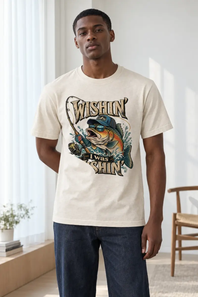 "Wishin' I Was Fishin'" Heavyweight Unisex Crewneck T-shirt | Gildan 5000