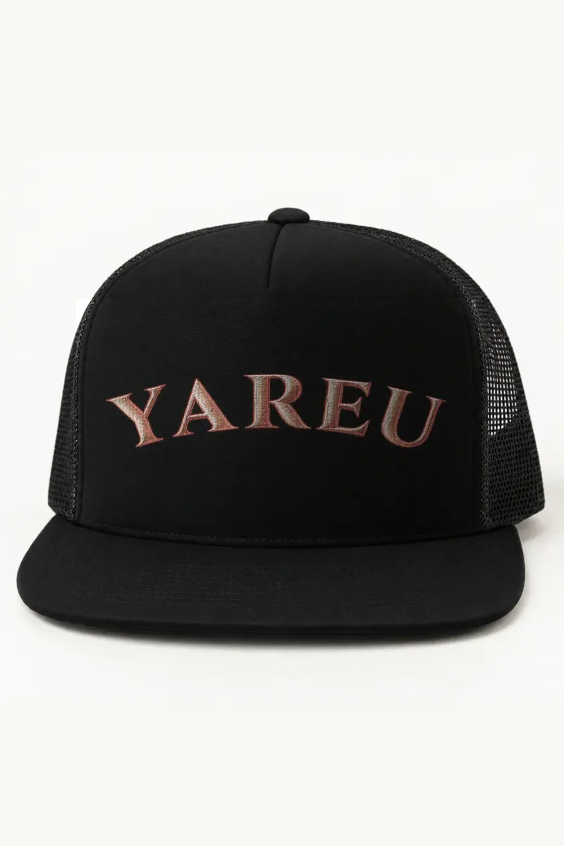 "Yareu Lettermark" 5 Panel Trucker Cap · Embroidered — black/cap-front